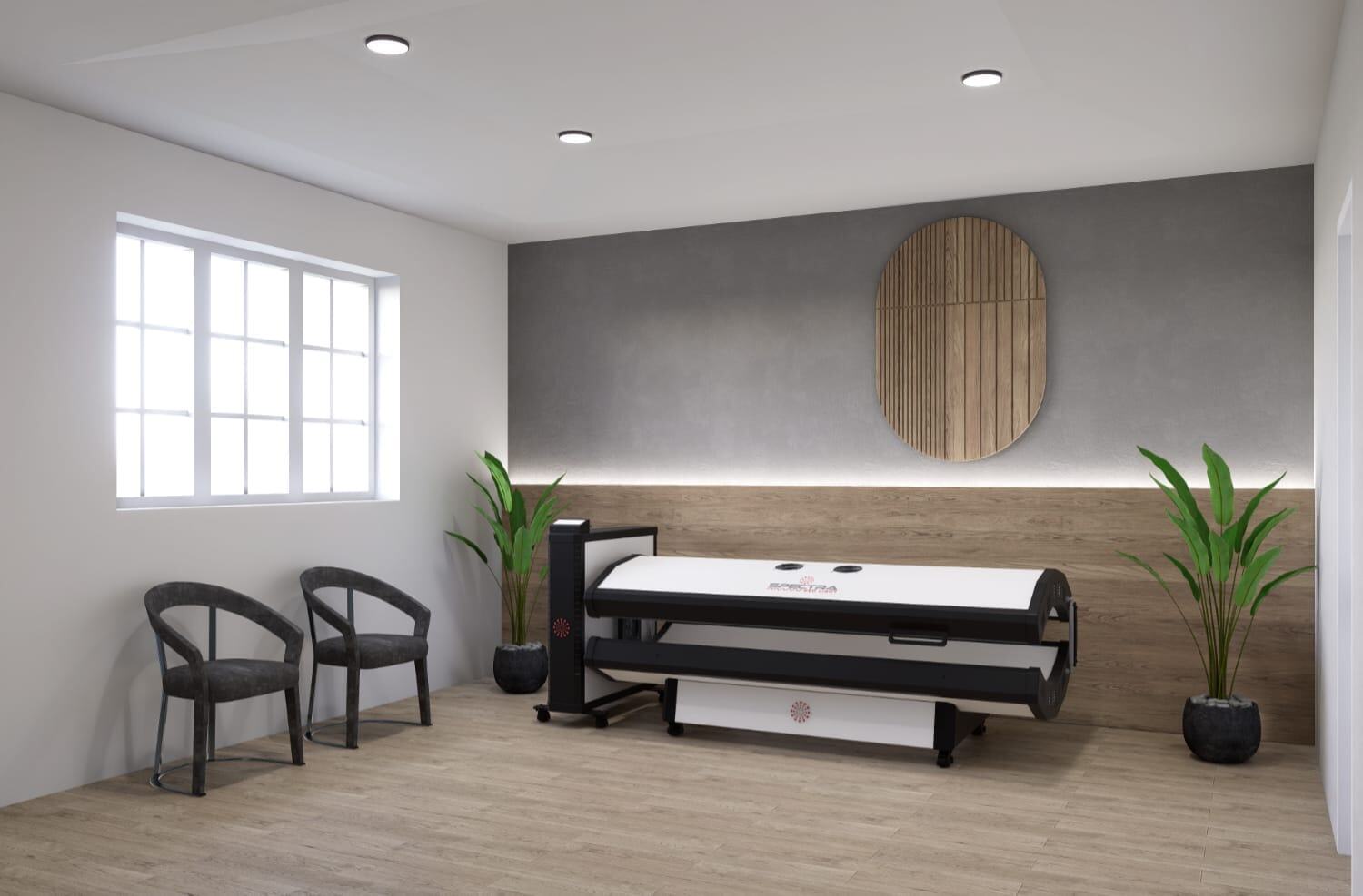 The white and black Spectra S10 Pro red light bed in a bright treatment room with wood panelling, two chairs and plants